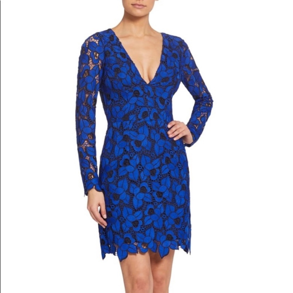 Dress the Population Katherine Blue Leaf Short Lace Cocktail Dress SZ Medium
